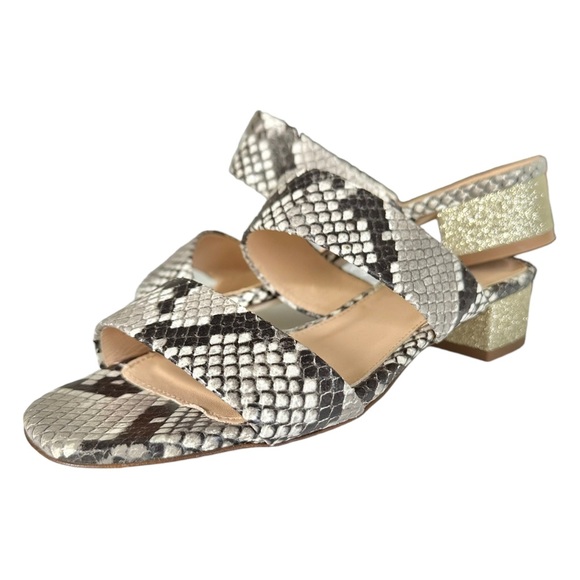 J. Crew Double-Strap Leather Slides In Faux Snakeskin Fold Glitter Heel Size 5 - Picture 9 of 10